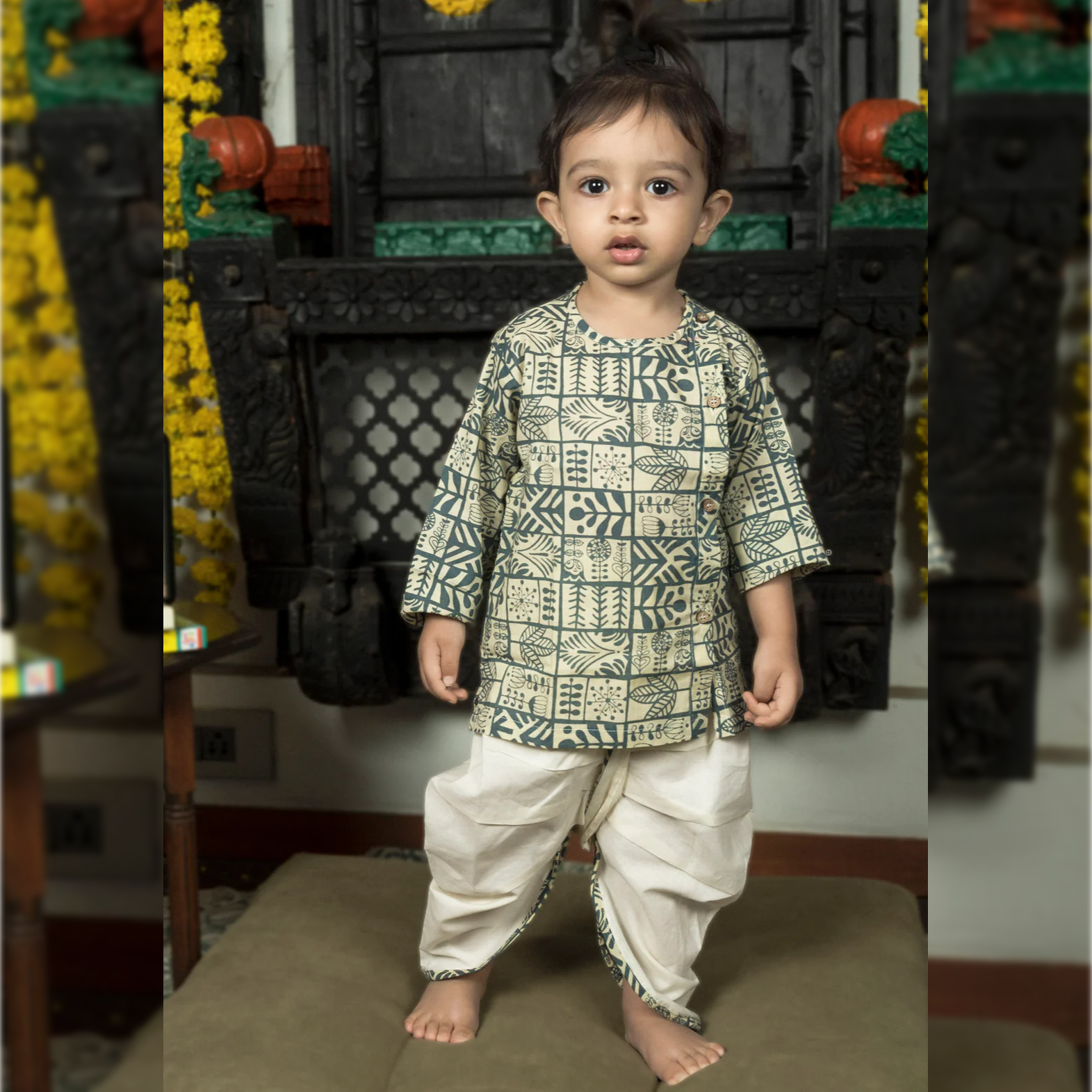 Polka Tots 100% Super Soft Cotton Full Sleeve Geometric Print Angrakha Top With Dhoti - Cream & Grey